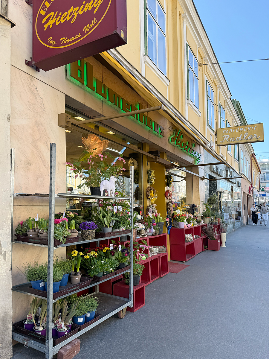 Foto: Aussenansicht von Blumenständern mit diversen Pflanzen auf der Straße