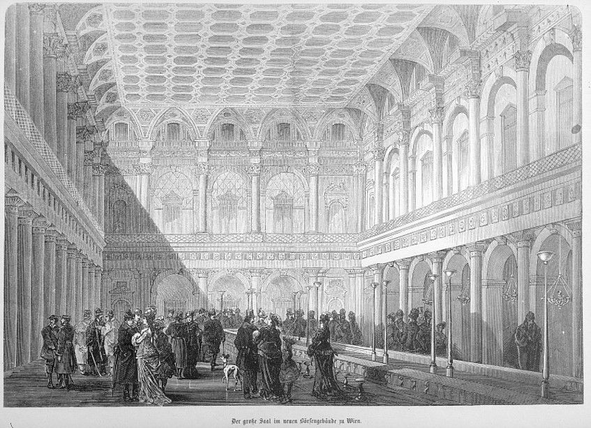 Foto: Abbildung des großen Saals der Wiener Börse aus dem Jahr 1877