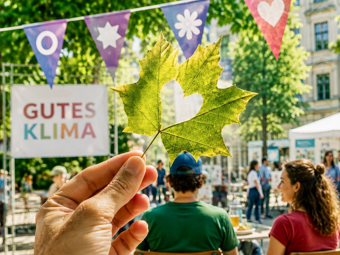 Foto: Börseviertel Outdoor jemand hält ein Blatt in die Sonne und man sieht Menschen bei einem Fest