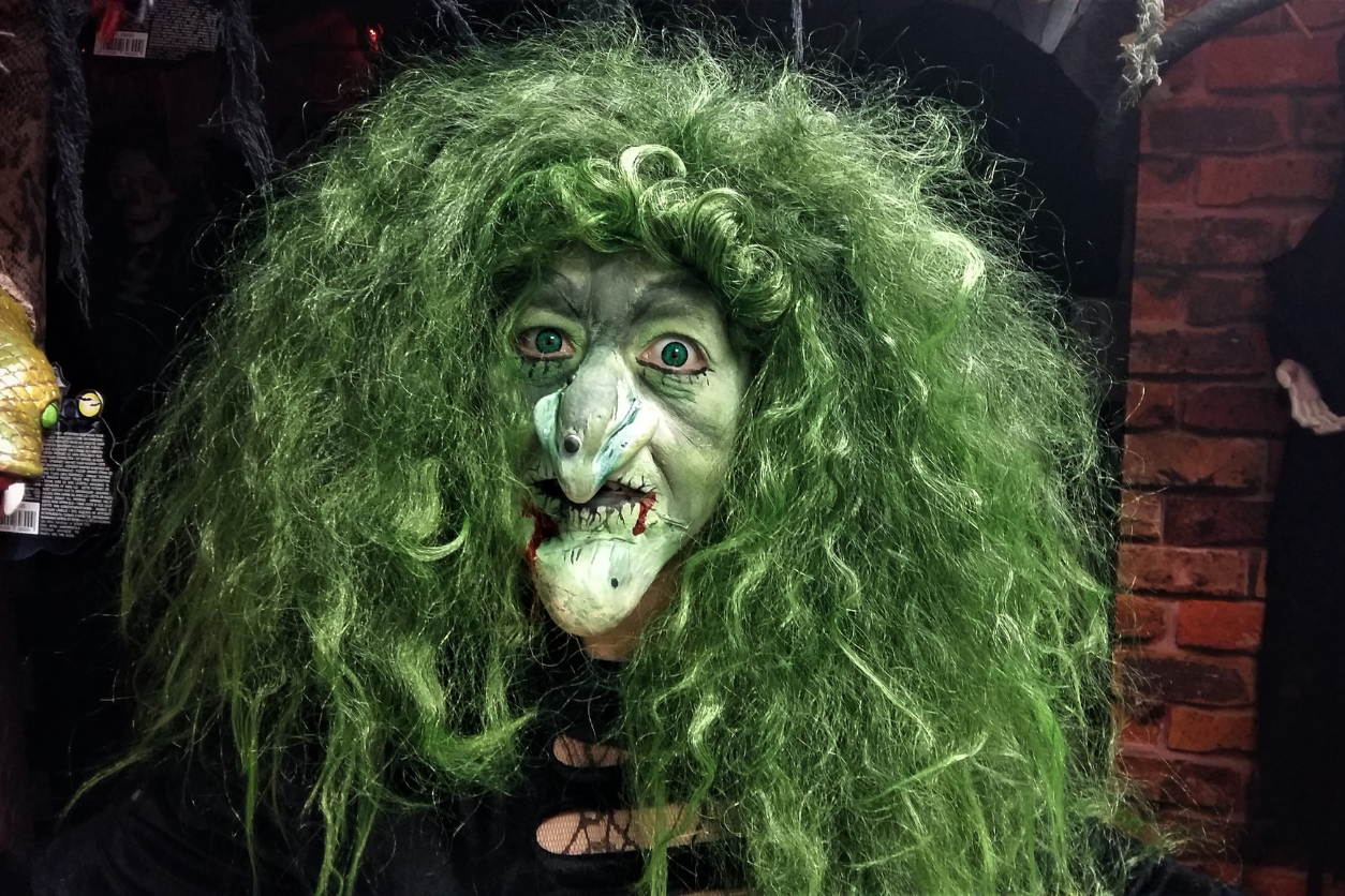 Foto: Eine grüne Hexe mit grünen Haaren