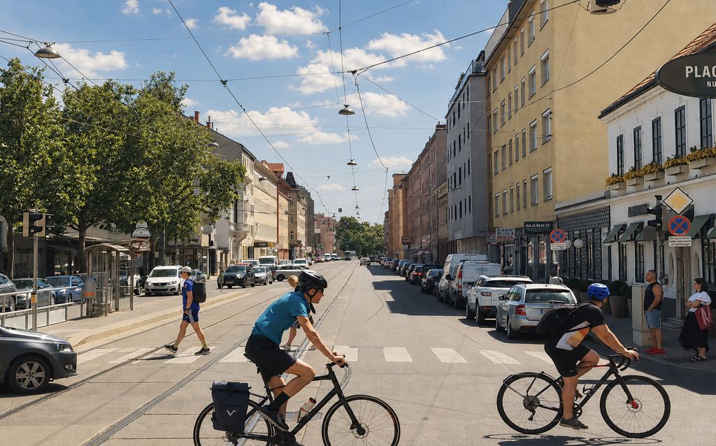 Foto: hier sieht man die Heiliegenstädterstrasse - ganz vorne sieht man einen radfahrer mit Helm der die Straße quert