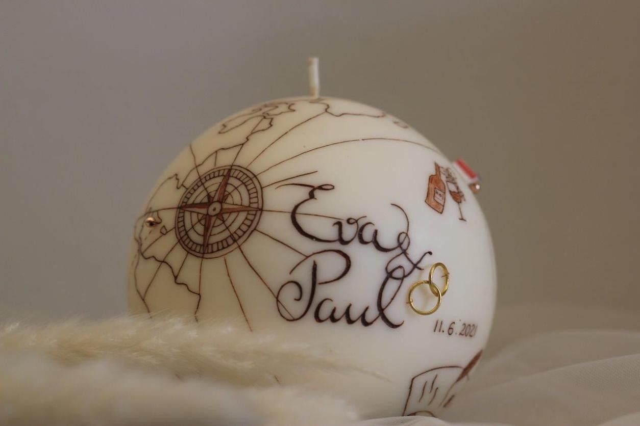 Foto: Eine Kerze mit einem Kompass drauf.