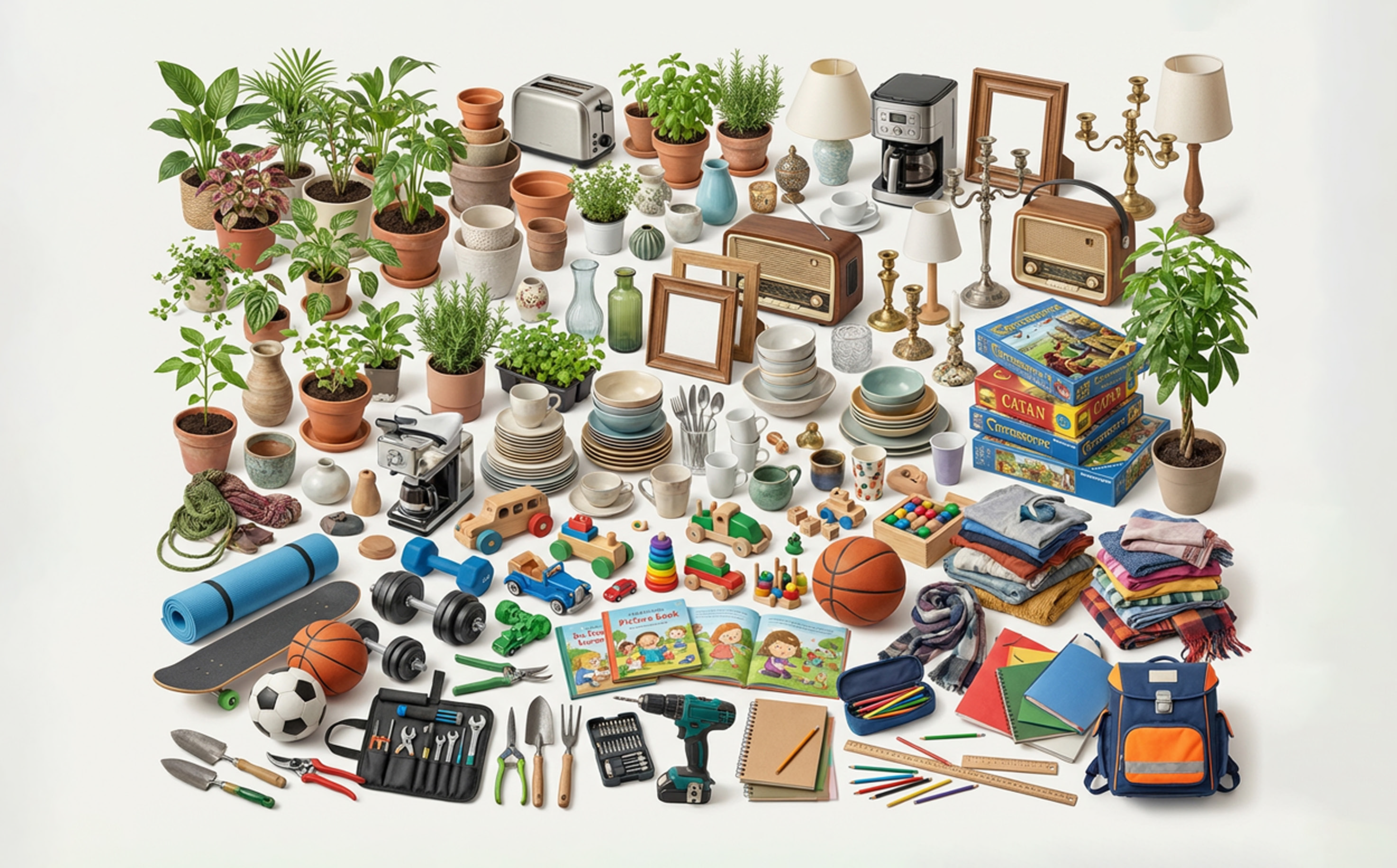 Icon: Zahlreiche Alltagsgegenstände wie Pflanzen, Spielzeug, Bücher, Werkzeuge etc.