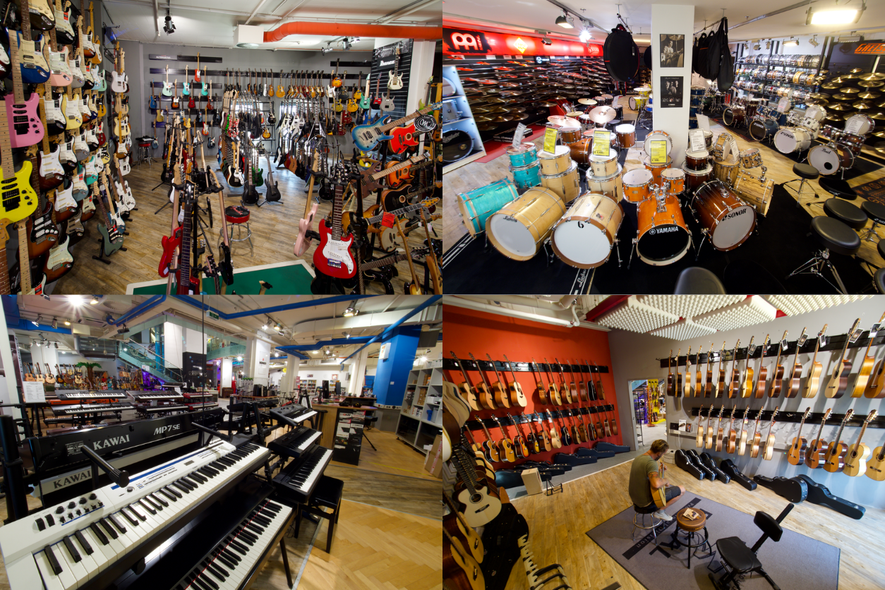 Foto: Vier Bilder in einer Collage mit vielen unterschiedlichen Instrumenten