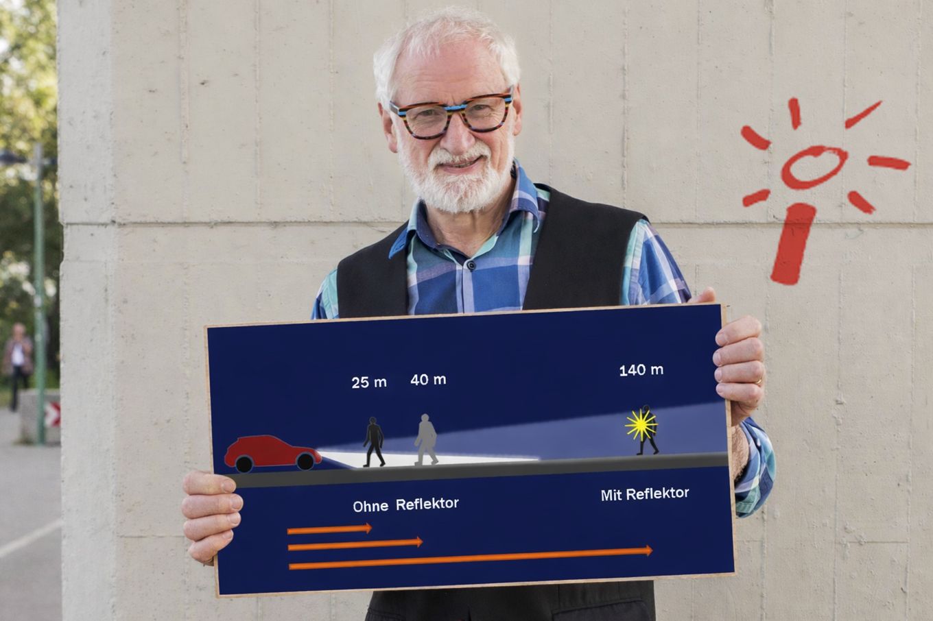 Foto: Mann mit Brille hält ein Schild wo ein Auto mit Scheinwerfer zu shene ist. 25m und 40m , dann 140 m mit Refllektor.