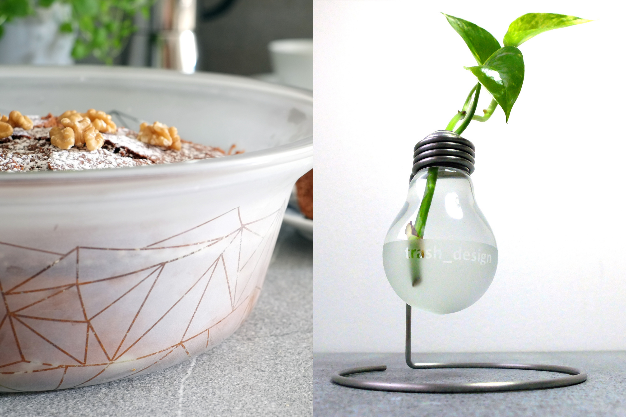 Foto: Eine Glühbirne als Vase und eine Schüssel mit einem Kuchen